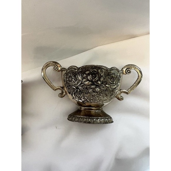 Vintage Silver Plated Sugar And Creamer Set With Inner Ceramic Coating Decor - Picture 5 of 7